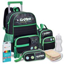 Kit Mochila Lancheira Estojo Gamer Escolar Meninos Carrinho Rodinhas Escolar Video Game