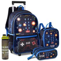 Kit Mochila Lancheira Estojo Gamer Video Game Reforçada Resistente com Luzes Pisca Carrinho Rodinha