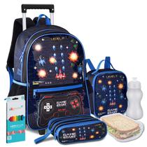 Kit Mochila Lancheira Estojo Gamer Video Game Reforçada Resistente com Luzes Pisca Carrinho Rodinha