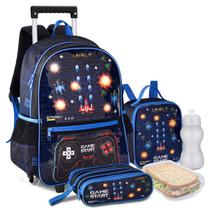 Kit Mochila Lancheira Estojo Gamer Video Game Reforçada Resistente com Luzes Pisca Carrinho Rodinha