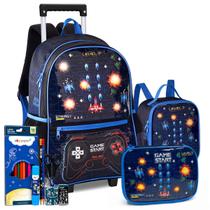 Kit Mochila Lancheira Estojo Gamer Video Game Reforçada Resistente com Luzes Pisca Carrinho Rodinha Kit Mochila Lancheira Estojo Gamer Video Game Reforçada Resistente com Luzes Pisca Carrinho Rodinha