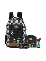 Kit Mochila Lancheira Estojo Garrafa Super Mario - Preto