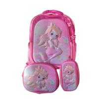 Kit mochila lancheira estojo infantil com alça ajustável feminina sereia rosa