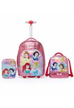 Kit Mochila Lancheira Estojo Infantil Princesas EScolar Rodinha Disney