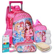 Kit Mochila Lancheira Estojo Infantil Princesas Feminina Escolar Carrinho Rodinhas