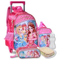 Kit Mochila Lancheira Estojo Infantil Princesas Feminina Escolar Carrinho Rodinhas