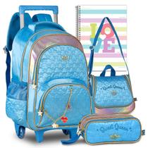 Kit Mochila Lancheira Estojo Infantil Sweet Queen Feminina Escolar Carrinho