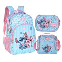 Kit Mochila Lancheira Estojo Juvenil Stitch Angel ROSA