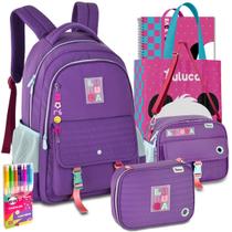 Kit Mochila Lancheira Estojo Luluca Escolar Meninas Notebook Meninas Resistente Reforçada