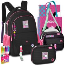 Kit Mochila Lancheira Estojo Luluca Escolar Meninas Notebook Meninas Resistente Reforçada