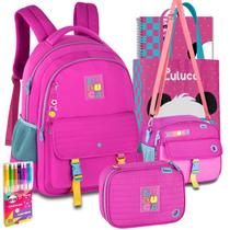 Kit Mochila Lancheira Estojo Luluca Escolar Meninas Notebook Meninas Resistente Reforçada