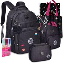 Kit Mochila Lancheira Estojo RB Rebecca Bonbon Preto Preta de Costas Lançamento Notebook Escolar Resistente Reforçada