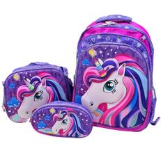 Kit mochila + lancheira + estojo unicórnio 3D