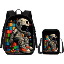 Kit Mochila + Lancheira Infantil Escolar Zíper Astronauta