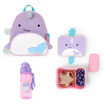 Kit mochila+lancheira+porta lanche+garrafa infantil zoo baleia narval skip hop