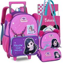 Kit Mochila Luluca Infantil Carrinho Meninas Rodinha Resistente Escolar