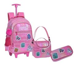Kit Mochila Malinha Carrinho Rodinha Com Lancheira + Estojo