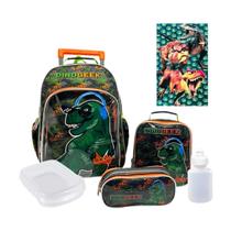 Kit Mochila Masculina Infantil Rodinhas Dinossauro Geek Ótima Qualidade + Lancheira + Estojo