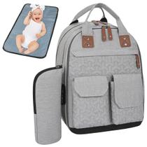 KIT Mochila Maternidade Trocado de Fraldas Porta Mamadeira e Bolsos Térmicos Meninos e Meninas Coisas Essenciais Bebês e Mamãe CINZACLARO