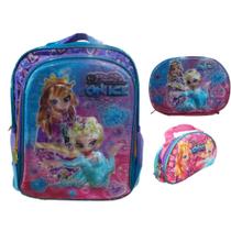 Kit Mochila Média Costas Lancheira Estojo Princess On Ice