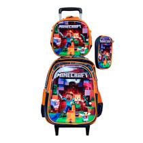 Kit Mochila Minecraft com Rodinhas + Lancheira Térmica + Estojo Escolar em 3D Infantil