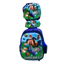 Kit Mochila Minecraft de Rodinhas Lancheira Estojo Escolar
