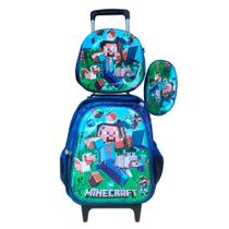 Kit Mochila Minecraft em 3D com Rodinhas + Lancheira Térmica + Estojo Escolar em Alto Relevo