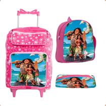 KIT Mochila MOANA Escolar Infantil Rodinha Suporte Garrafa Grande Cor Desenho Do Tecido Estampado