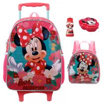 Kit Mochila Mochilete Infantil Minnie Laço Mouse Love Tamanho Grande Rodinhas Escolar Com Lancheira