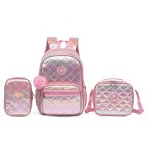 Kit Mochila Polo One Escolar Juvenil Holográfica Lancheira Estojo Rosa