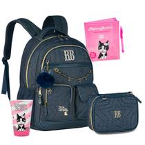 Kit Mochila RB Costas RB MEtalizado Jeans Estojo Box 36 Pens