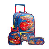 Kit Mochila Rodas Carros Escolar McQueen Lancheira Estojo Cor:Azul