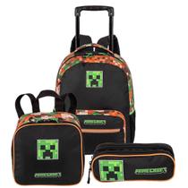 Kit Mochila Rodas Estojo Lancheira Minecraft Escolar Passeio Cor:Preto