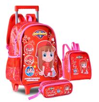 Kit Mochila Rodas Lancheira E Estojo Duplo Gi Neto Aventureira Vermelha - Clio