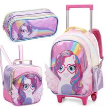 Kit mochila rodas lancheira estojo unicornio pelucia 3d