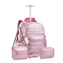Kit Mochila Rodas Lorena Queiroz Metalizada Lancheira Estojo Cor:Rosé Kit Mochila Rodas Lorena Queiroz Metalizada Lancheira Estojo Cor:Rosé