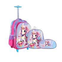 Kit Mochila Rodinha 3D Lancheira Estojo Unicórnio Escolar