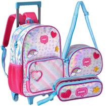 Kit Mochila Rodinha Alça Happy Estojo Lancheira Holográfica