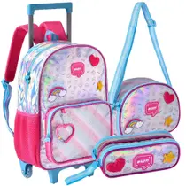 Kit Mochila Rodinha Alça Happy Estojo Lancheira Holográfica