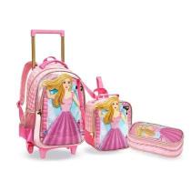 Kit Mochila Rodinha Boneca Princesa Rosa Meninas Escolar Denlex Kit Mochila Rodinha Boneca Princesa Rosa Meninas Escolar Denlex