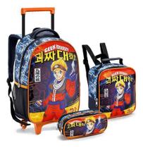 Kit Mochila Rodinha Carrinho Geek University Lancheira + Estojo Menino