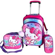 Kit Mochila Rodinha carrinho Infantil Escolar Hello Kitty