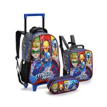 Kit Mochila Rodinha Carrinho Mega Heroes Lancheira Estojo Menino