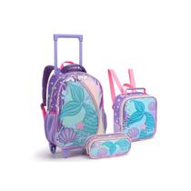 Kit Mochila Rodinha Cauda Sereia Meninas Escolar Holográfica