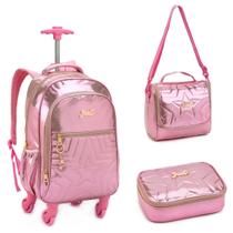 Kit Mochila Rodinha Denlex 360º Feminino Escolar Metalizado Fashion