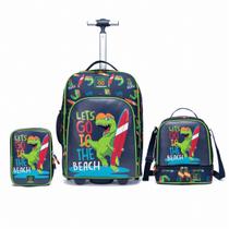 Kit Mochila Rodinha Dino Masculina Menino Infantil Escolar Lancheira Térmica Estojo