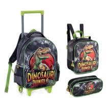 Kit Mochila Rodinha Dinossauro com Lancheira e Estojo Escolar Infantil Menino