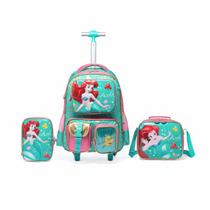 Kit Mochila Rodinha Disney Lancheira Estojo Sereia Ariel Escolar