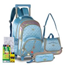 Kit Mochila Rodinha Escola Estojo Lancheira Escolar Infantil Sweet Queen Sereia Glitter Princesa