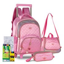 Kit Mochila Rodinha Escola Estojo Lancheira Escolar Infantil Sweet Queen Sereia Glitter Princesa